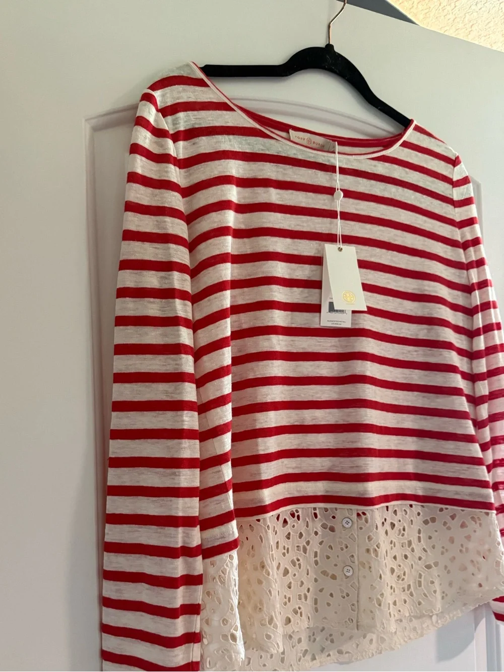 Tory Burch Linen Stripe Eyelet Hem Top Red Cream S/P NWT